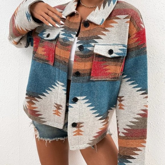 Boho Geometric Print Flap Pocket Jacket - Picture 5 of 8